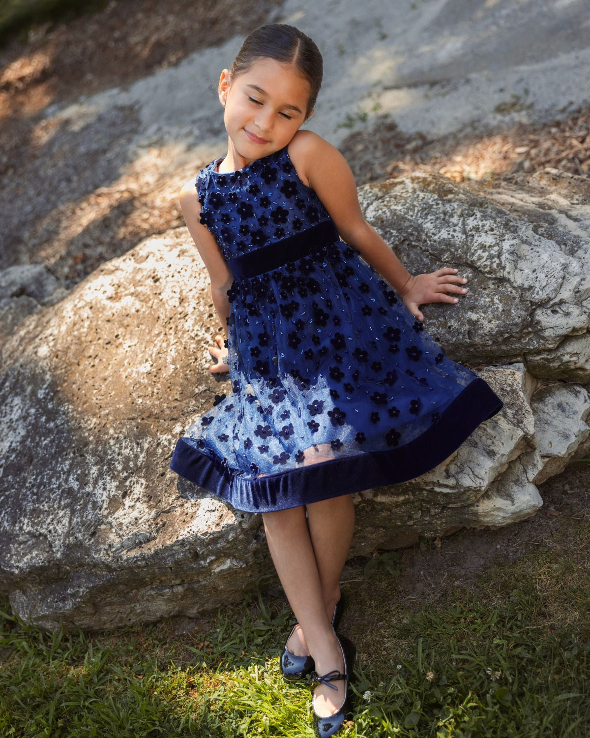 Girls Blue Embellished Floral A-Line Dress - Designer Collection