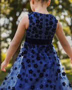 Girls Blue Embellished Floral A-Line Dress - Designer Collection