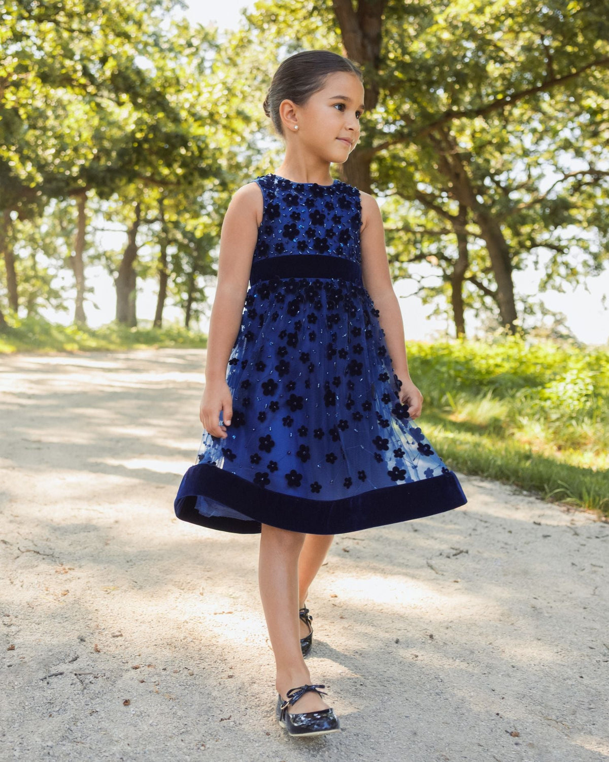 Girls Blue Embellished Floral A-Line Dress - Designer Collection