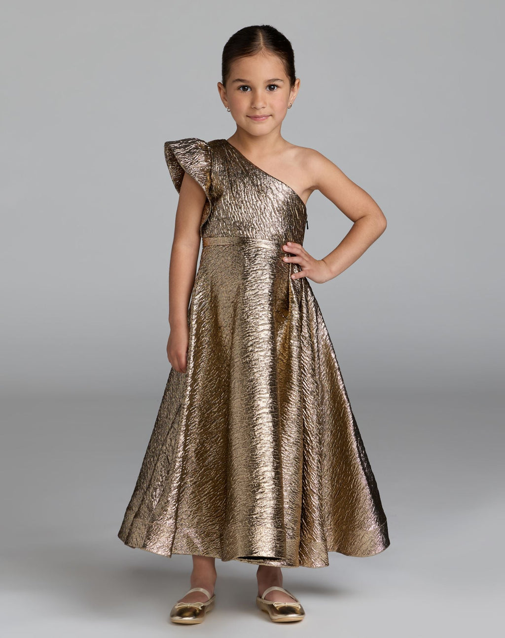 Girls Gold One Shoulder Metallic Maxi Dress - Designer Collection