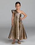 Girls Gold One Shoulder Metallic Maxi Dress - Designer Collection