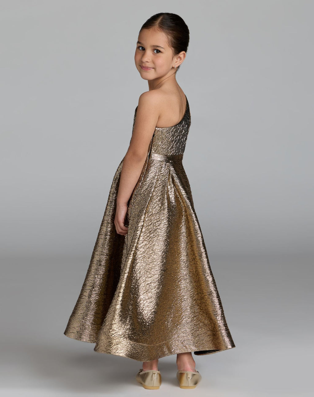 Girls Gold One Shoulder Metallic Maxi Dress - Designer Collection