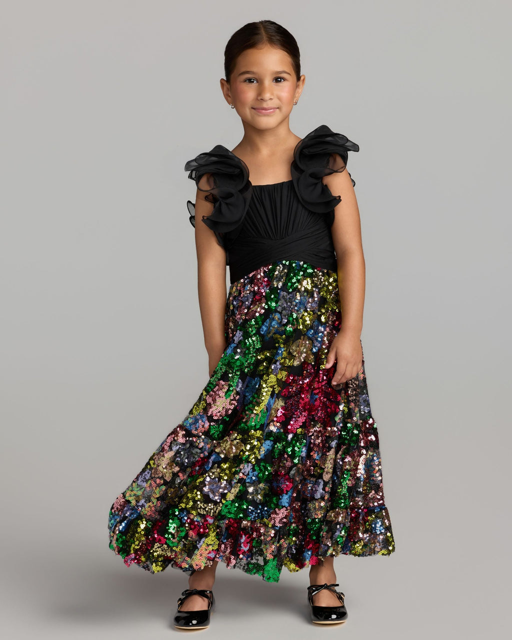 Girls Black Ruffle Sleeve Sequin Dress Designer Collection