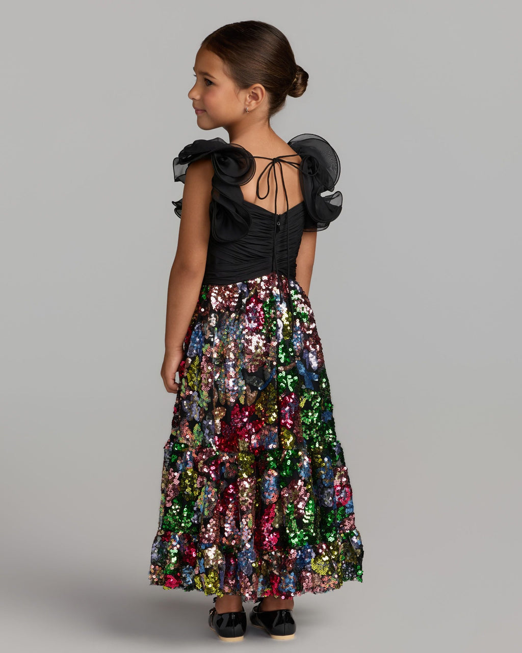 Girls Black Ruffle Sleeve Sequin Dress Designer Collection