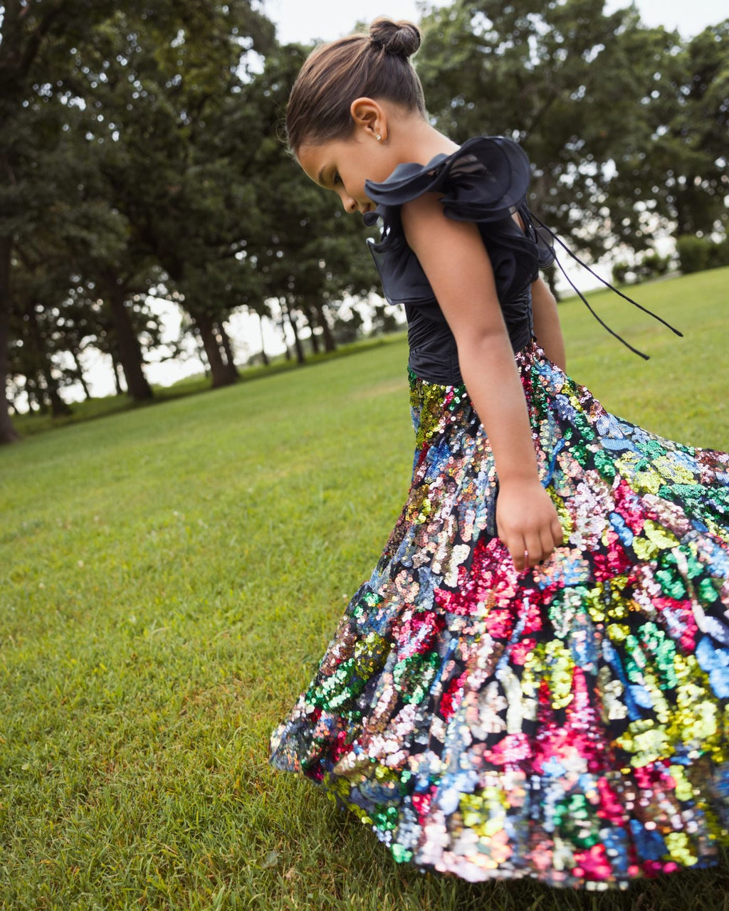 Girls Black Ruffle Sleeve Sequin Dress Designer Collection