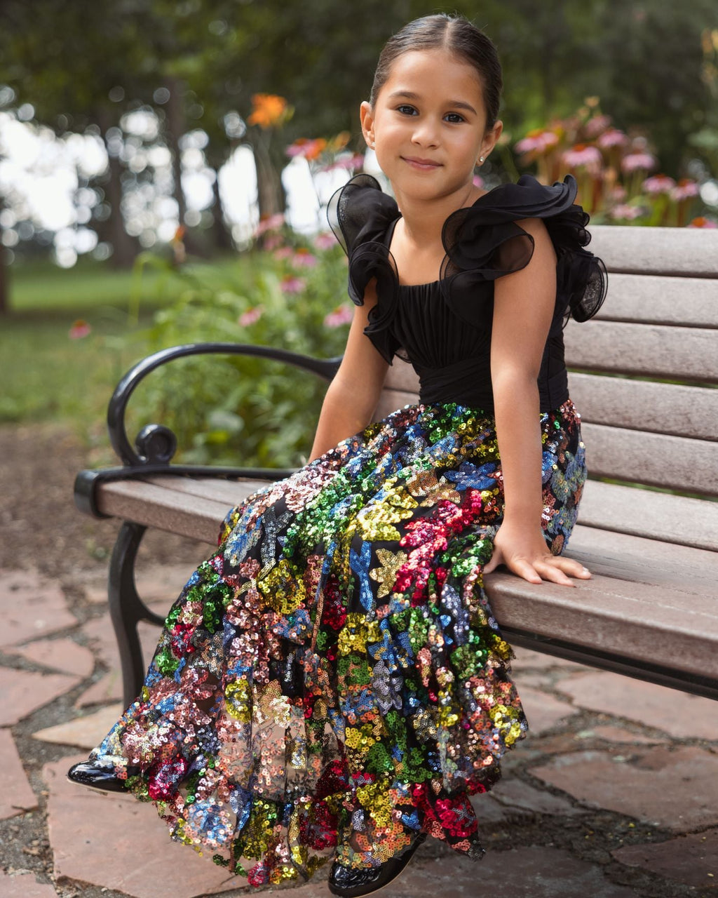 Girls Black Ruffle Sleeve Sequin Dress Designer Collection