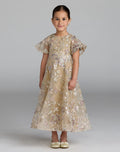 Girls Beige Floral Embroidered A-Line Midi Dress - Designer Collection
