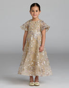Girls Beige Floral Embroidered A-Line Midi Dress - Designer Collection