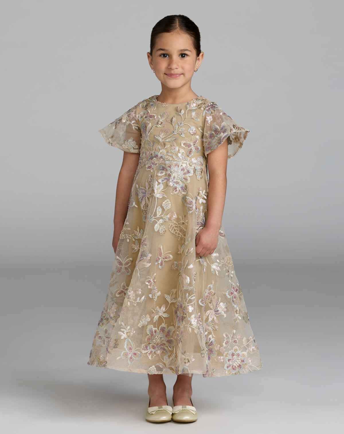 Girls Beige Floral Embroidered A-Line Midi Dress - Designer Collection