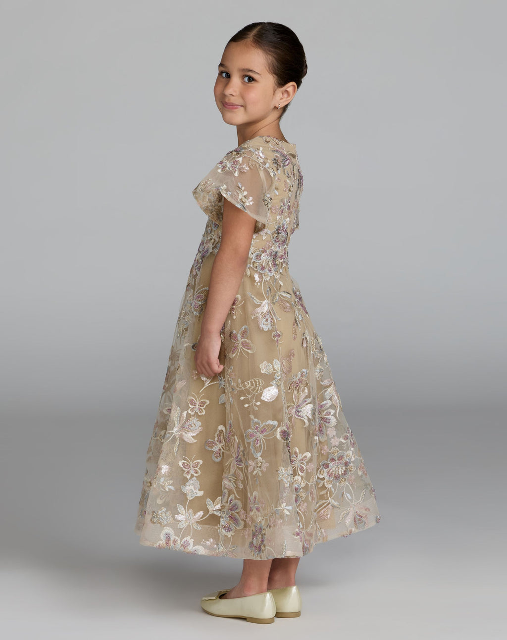 Girls Beige Floral Embroidered A-Line Midi Dress - Designer Collection