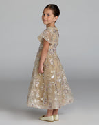 Girls Beige Floral Embroidered A-Line Midi Dress - Designer Collection