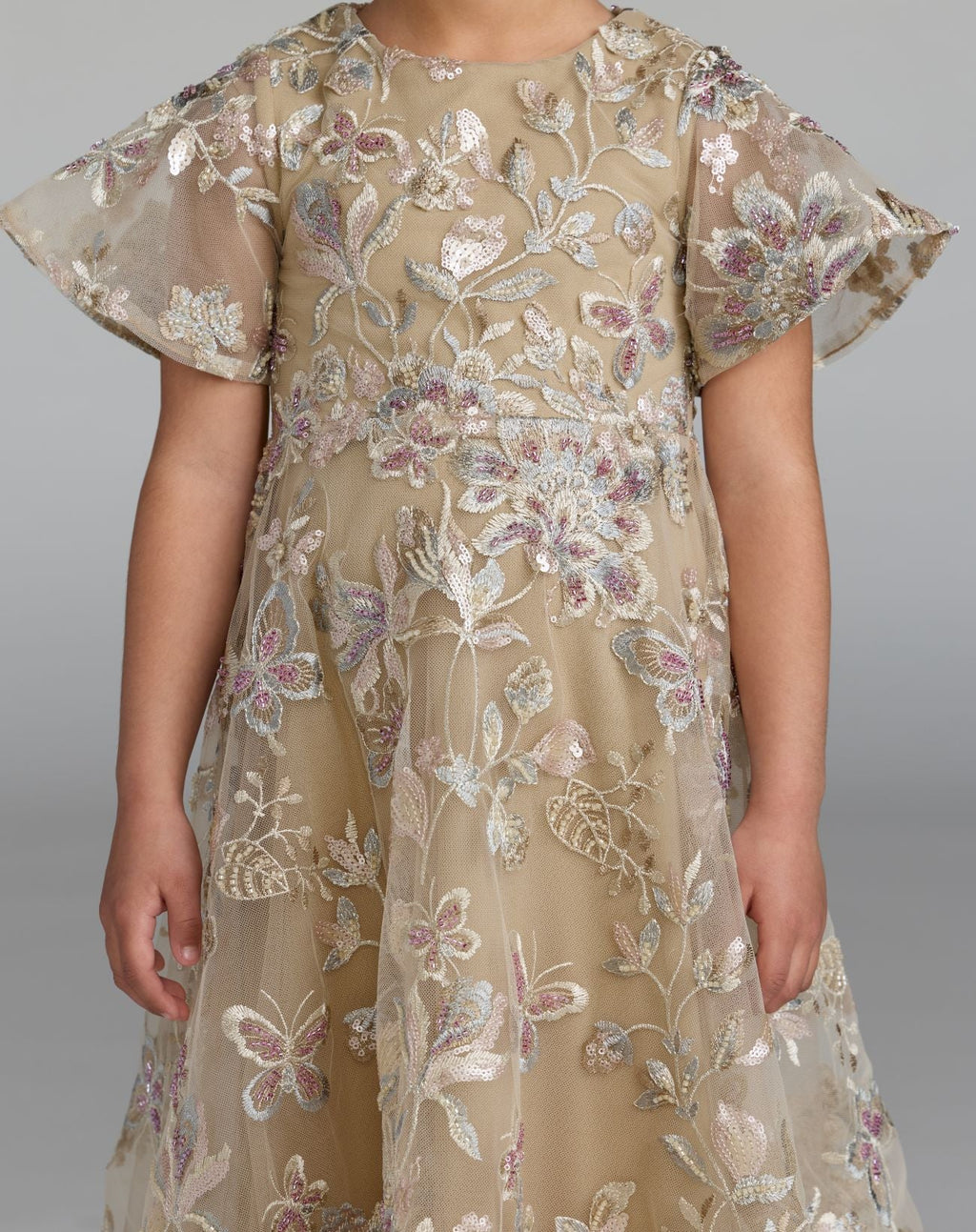 Girls Beige Floral Embroidered A-Line Midi Dress - Designer Collection