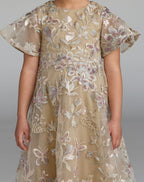 Girls Beige Floral Embroidered A-Line Midi Dress - Designer Collection