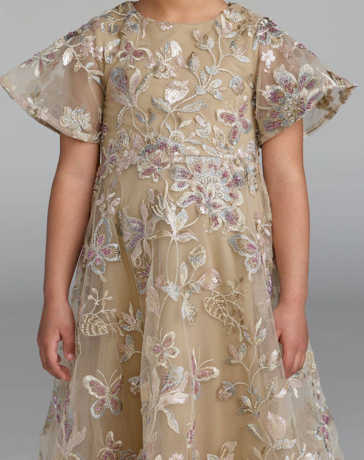 Girls Beige Floral Embroidered A-Line Midi Dress - Designer Collection