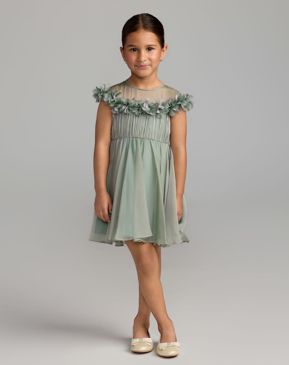 Girls Sage Midi Dress With 3D Flowers - Designer Collection