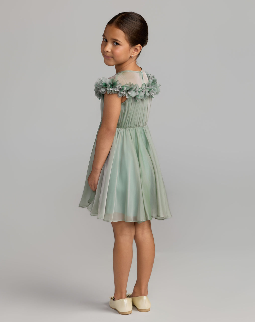 Girls Sage Midi Dress With 3D Flowers - Designer Collection