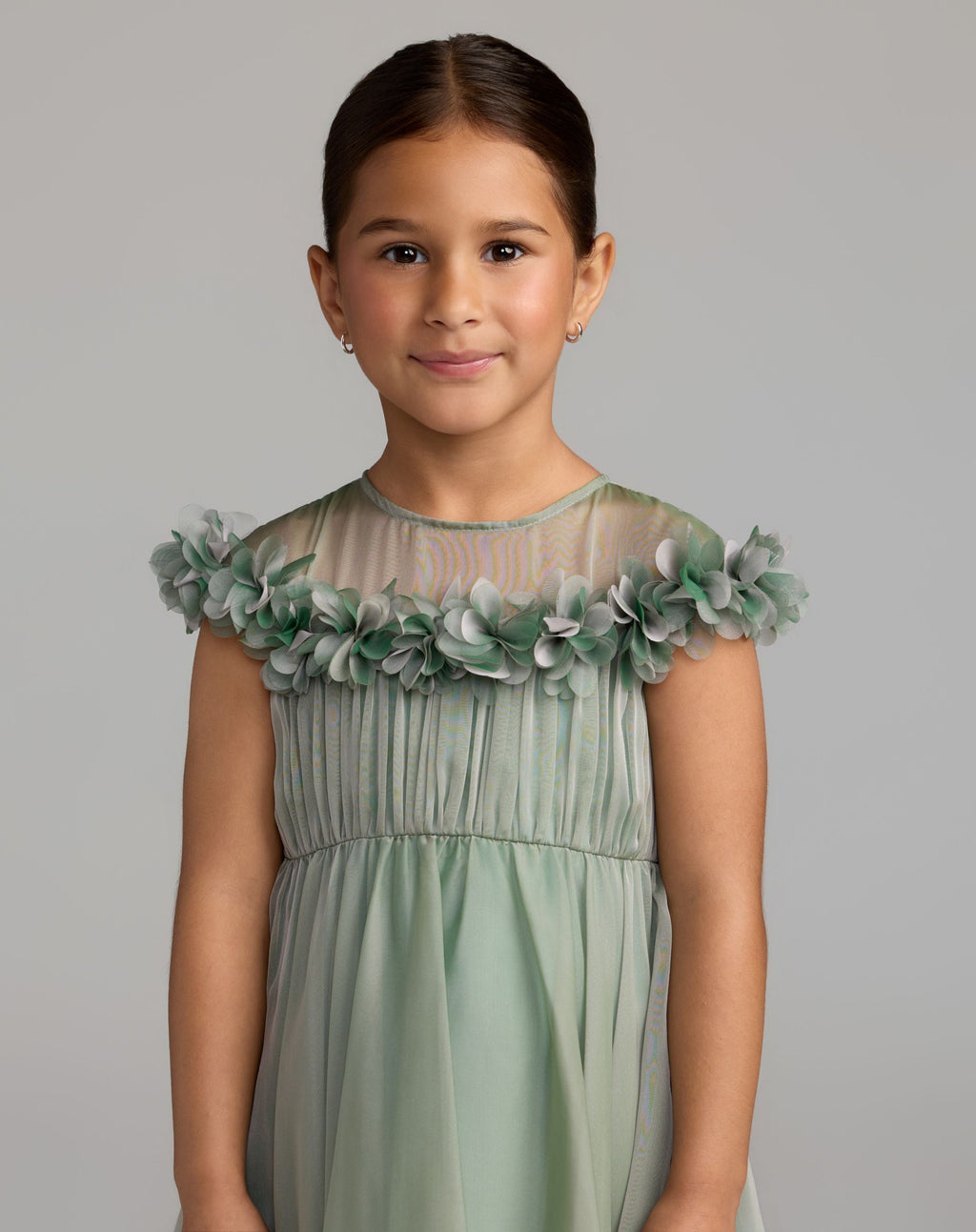 Girls Sage Midi Dress With 3D Flowers - Designer Collection