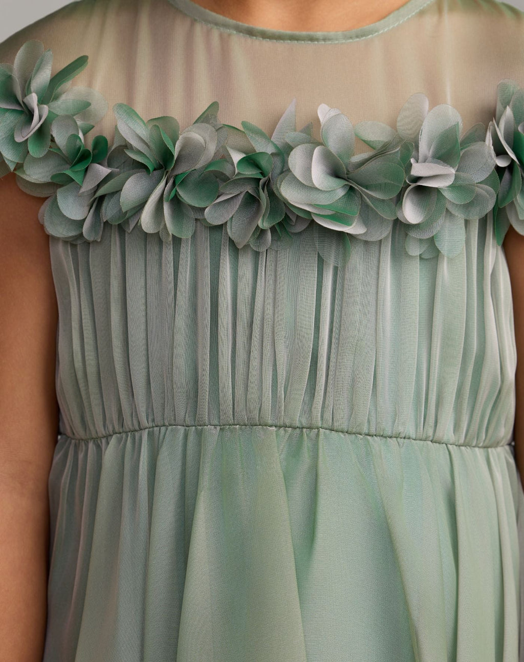 Girls Sage Midi Dress With 3D Flowers - Designer Collection