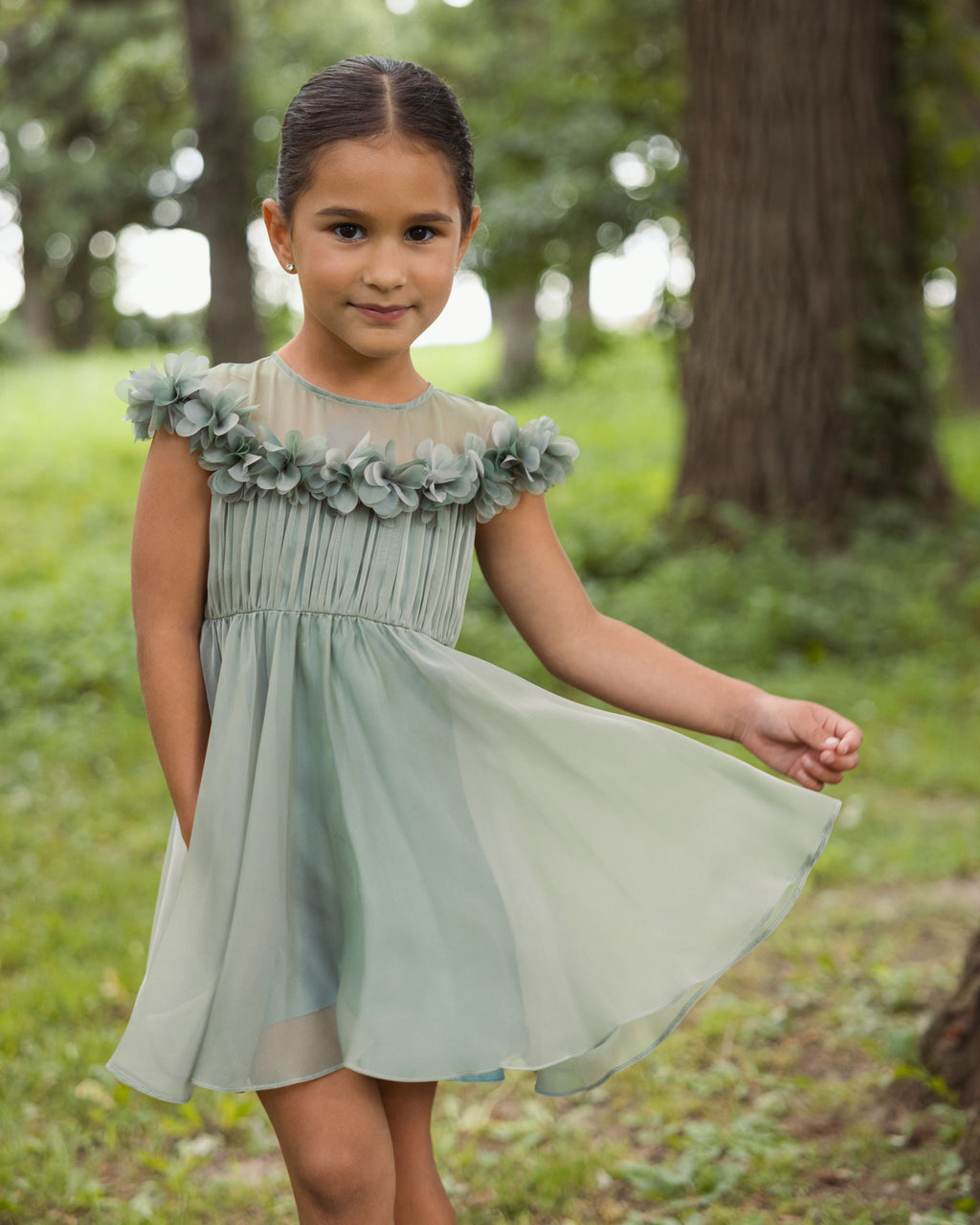Girls Sage Midi Dress With 3D Flowers - Designer Collection