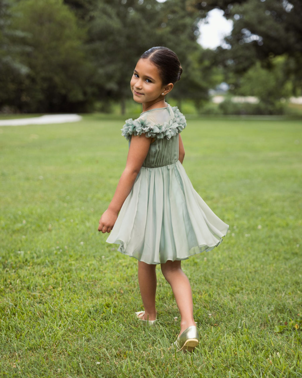 Girls Sage Midi Dress With 3D Flowers - Designer Collection