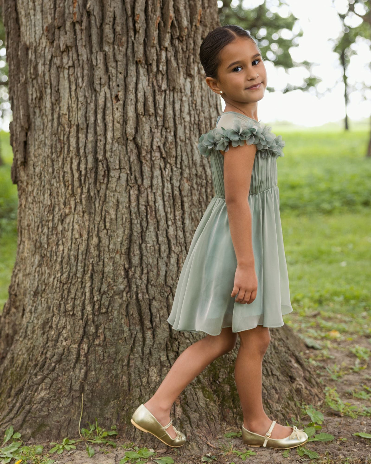 Girls Sage Midi Dress With 3D Flowers - Designer Collection
