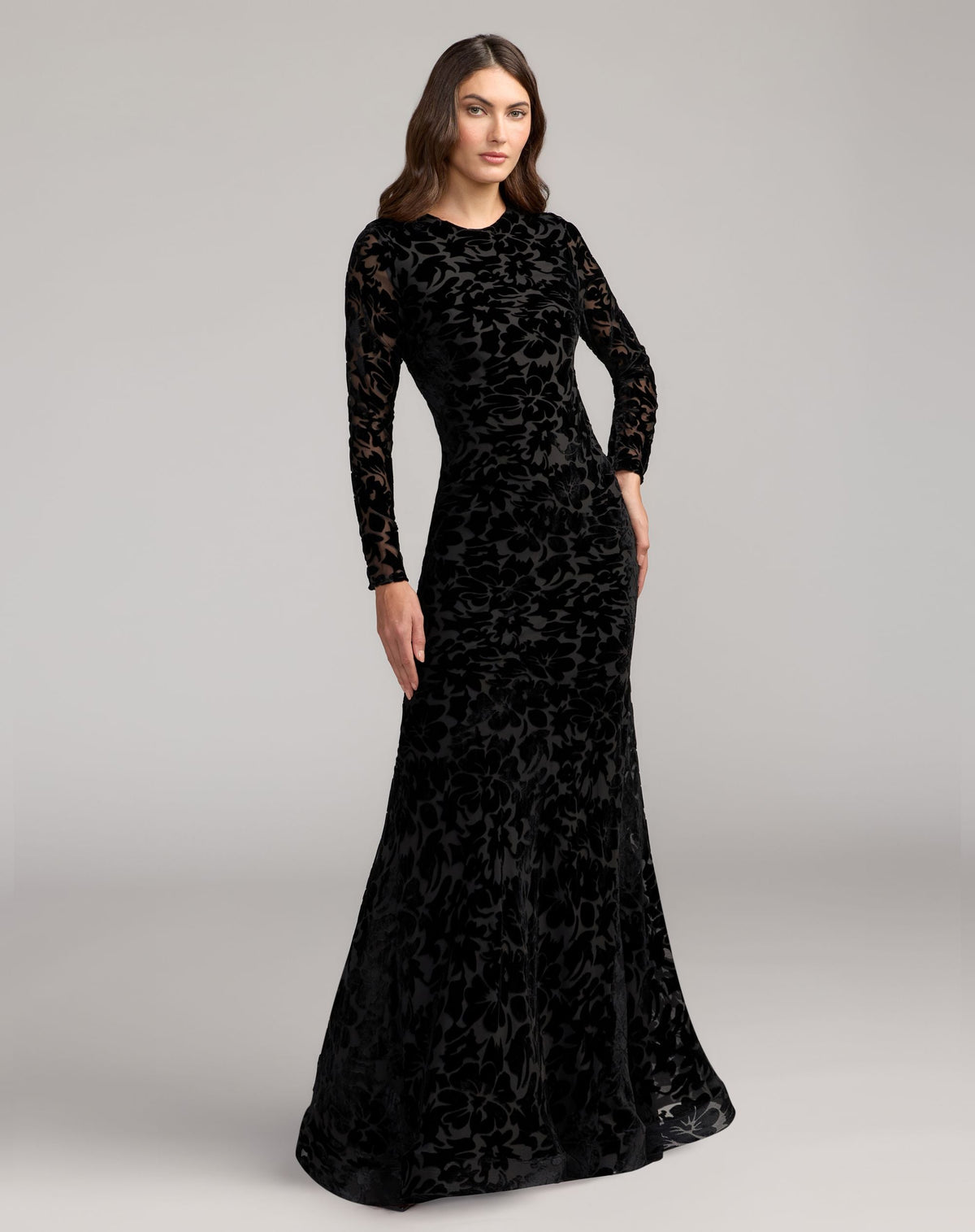 Black High Neck Long Sleeve Floral Velvet Gown - Contemporary Collection