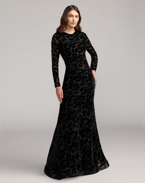 Black High Neck Long Sleeve Floral Velvet Gown - Contemporary Collection