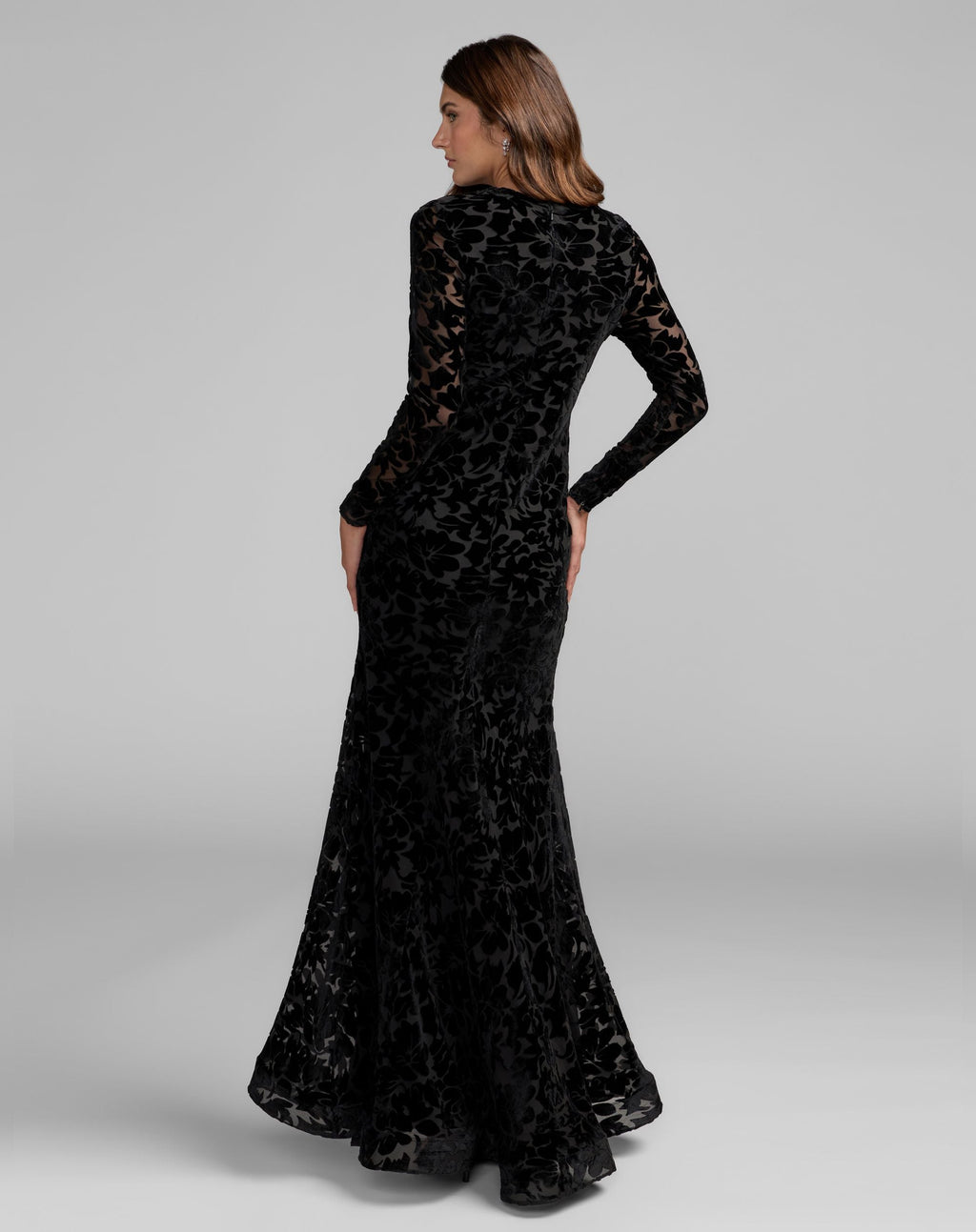 Black High Neck Long Sleeve Floral Velvet Gown - Contemporary Collection