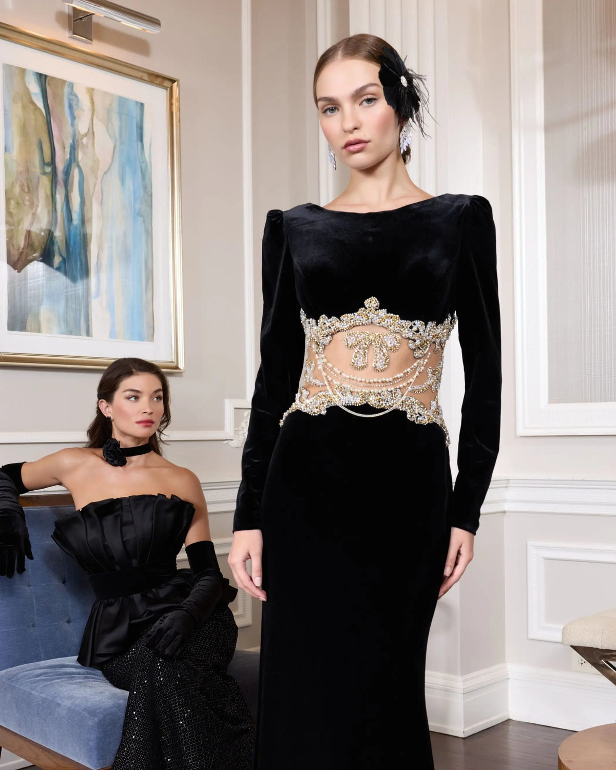 Black Long Sleeve Sheer Embellished Velvet Gown Designer Collection