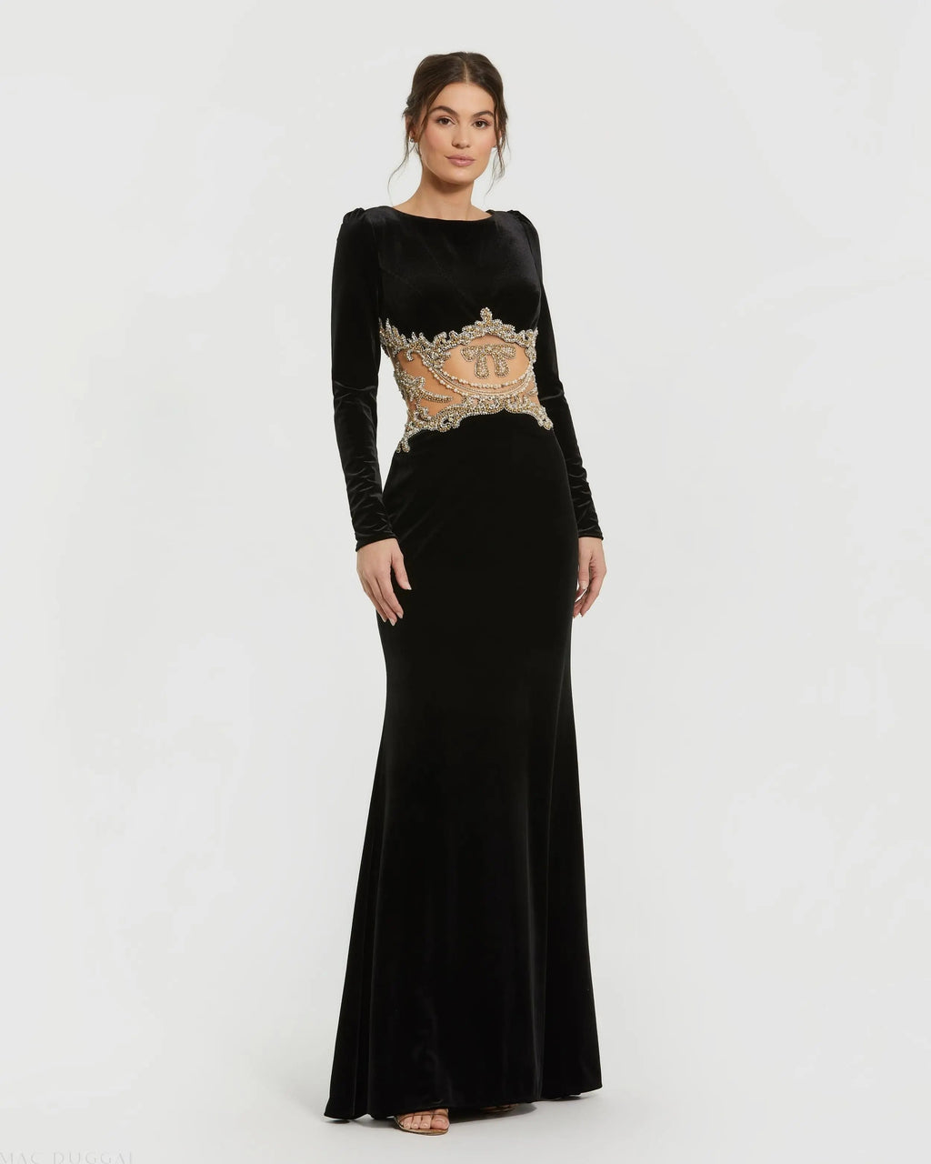 Black Long Draped Sleeve Sheer Embellished Detail Gown - Designer Collection