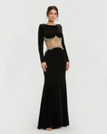 Black Long Draped Sleeve Sheer Embellished Detail Gown - Designer Collection