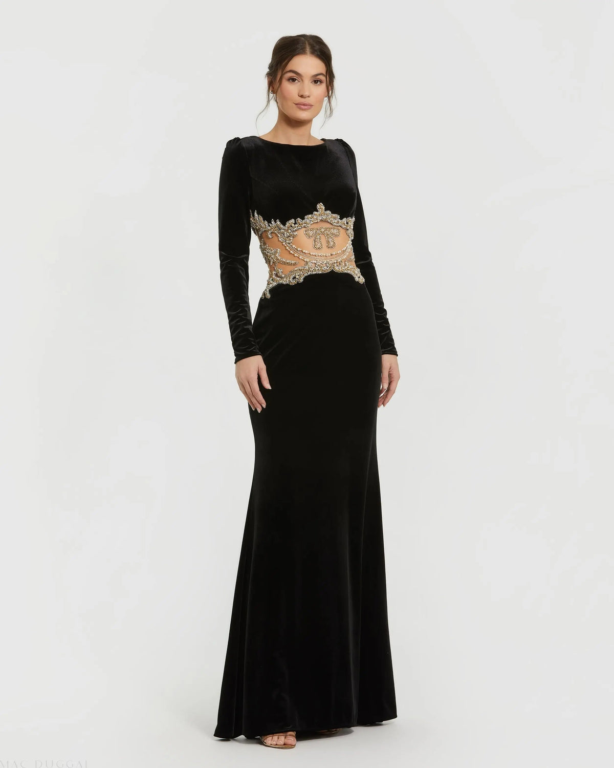 Black Long Draped Sleeve Sheer Embellished Detail Gown - Designer Collection