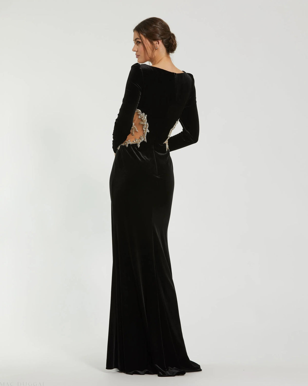 Black Long Draped Sleeve Sheer Embellished Detail Gown - Designer Collection
