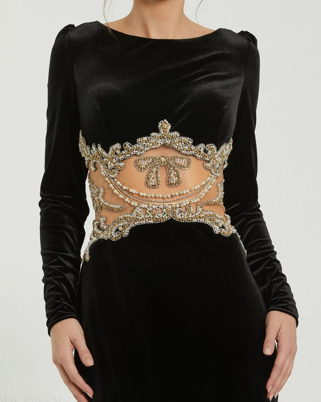 Black Long Draped Sleeve Sheer Embellished Detail Gown - Designer Collection
