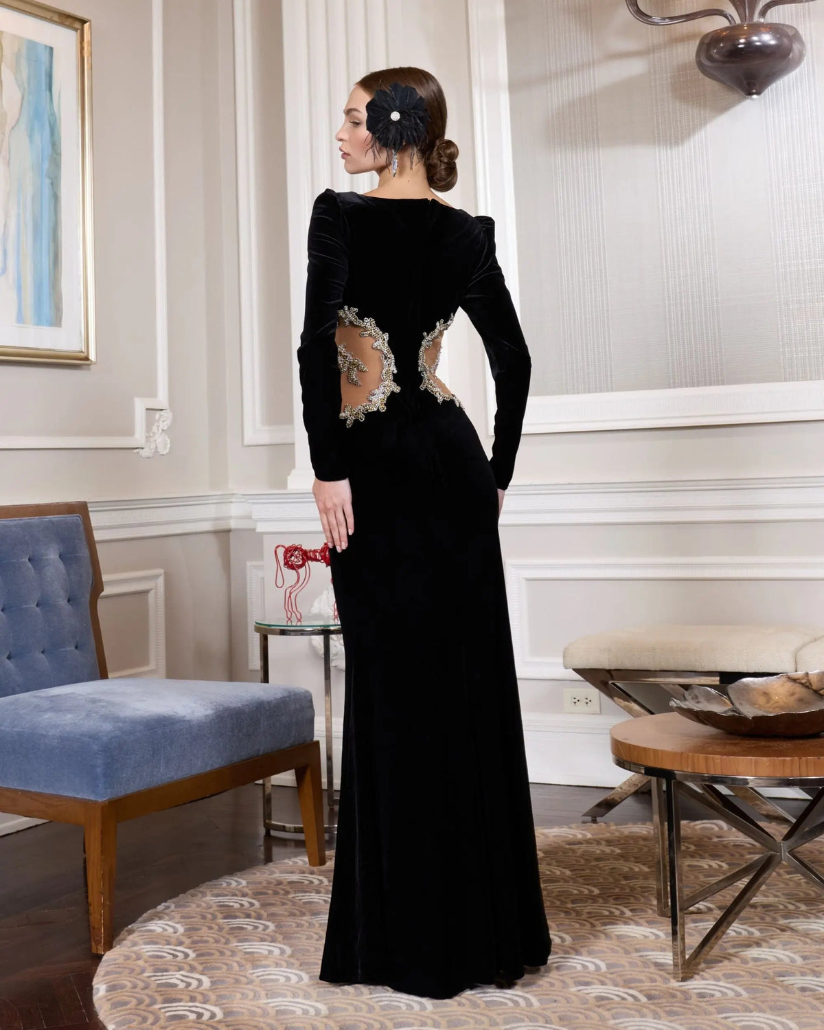 Black Long Sleeve Sheer Embellished Velvet Gown Designer Collection
