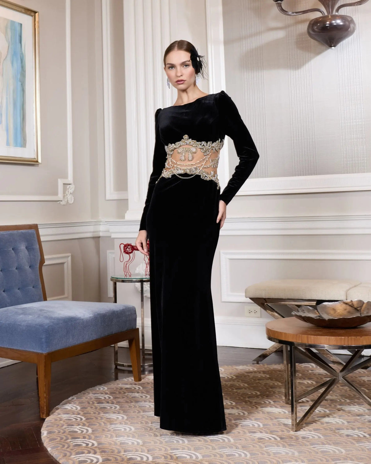 Black Long Sleeve Sheer Embellished Velvet Gown Designer Collection