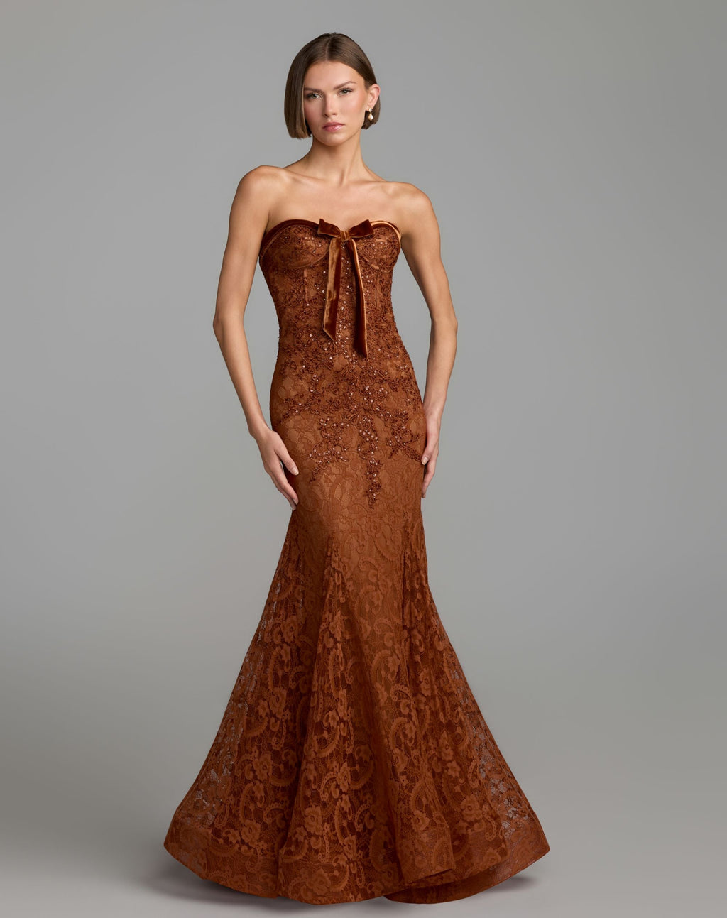 Dark Orange Embroidered Lace Strapless Mermaid Gown Designer Collection