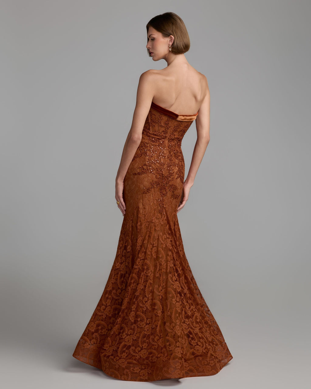 Dark Orange Embroidered Lace Strapless Mermaid Gown Designer Collection
