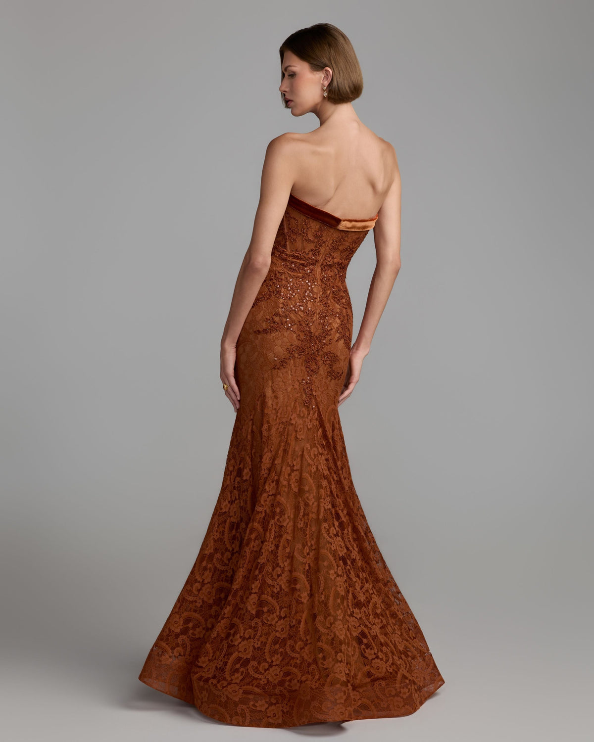 Dark Orange Embroidered Lace Strapless Mermaid Gown Designer Collection