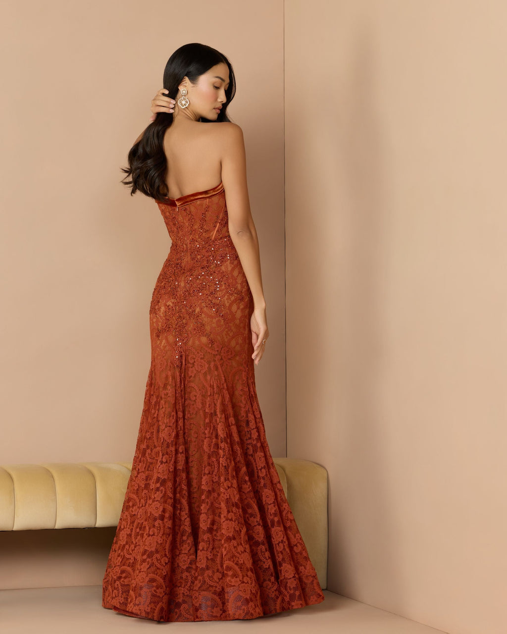Dark Orange Embroidered Lace Strapless Mermaid Gown Designer Collection