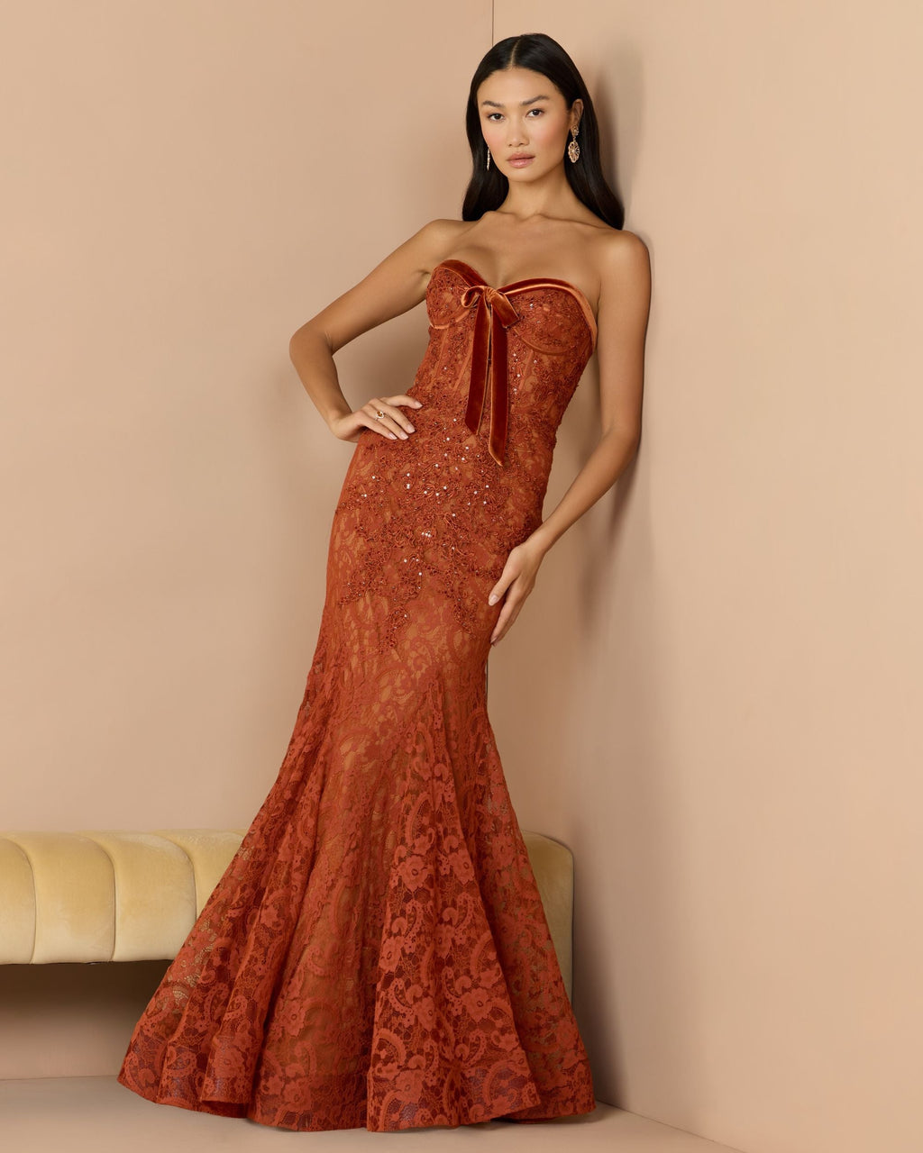 Dark Orange Embroidered Lace Strapless Mermaid Gown Designer Collection