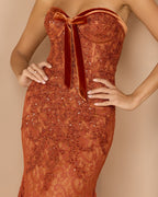 Dark Orange Embroidered Lace Strapless Mermaid Gown Designer Collection