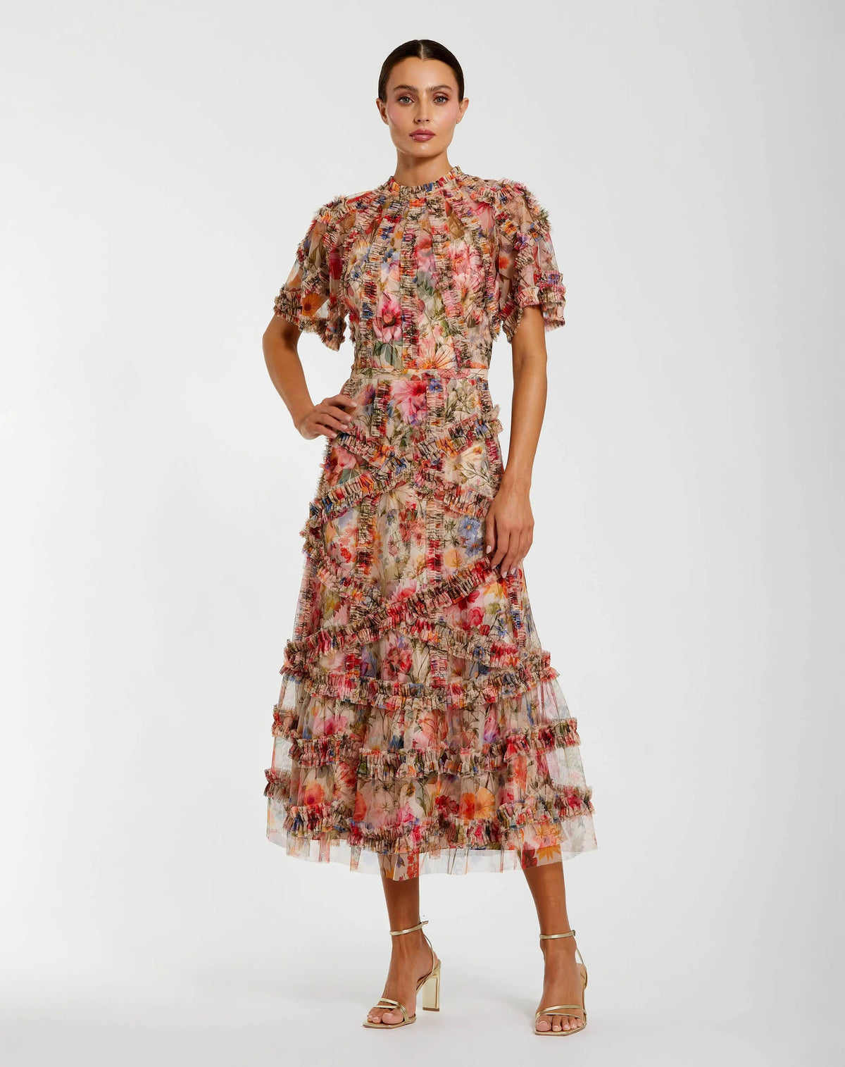 Multicolor Floral Midi Dress with Ruffle Detailing Designer Collection