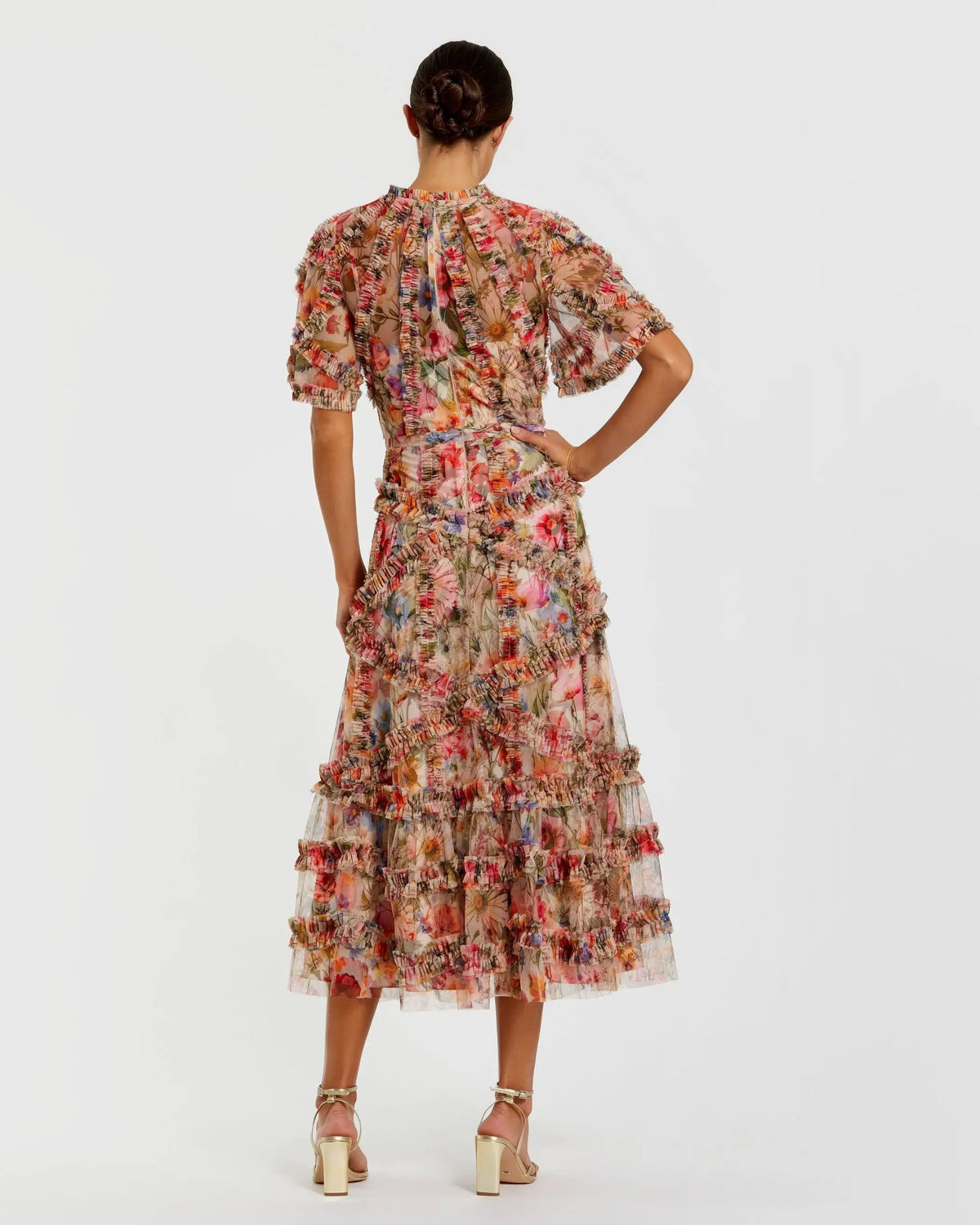 Multicolor Floral Midi Dress with Ruffle Detailing Designer Collection