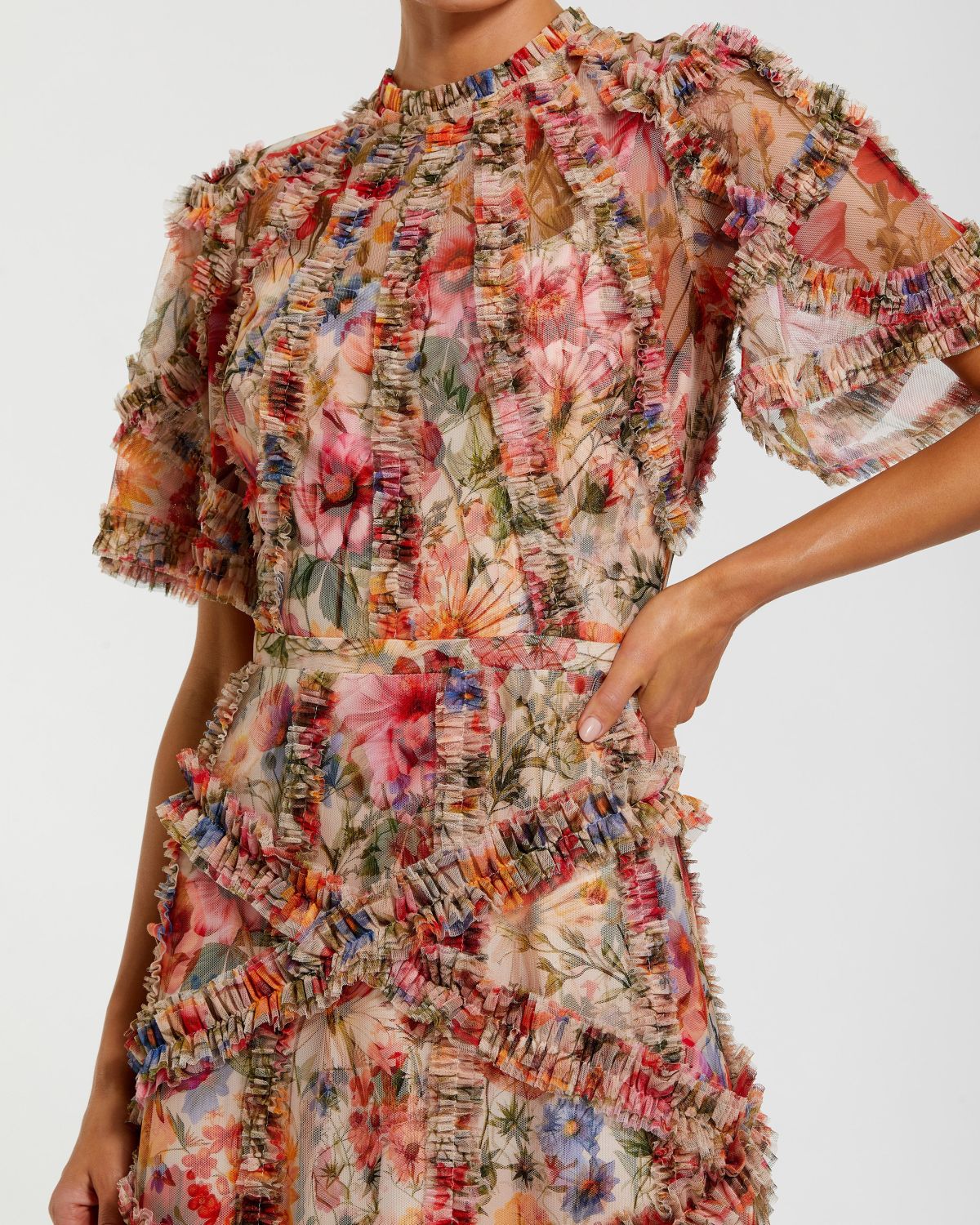 Multicolor Floral Midi Dress with Ruffle Detailing Designer Collection