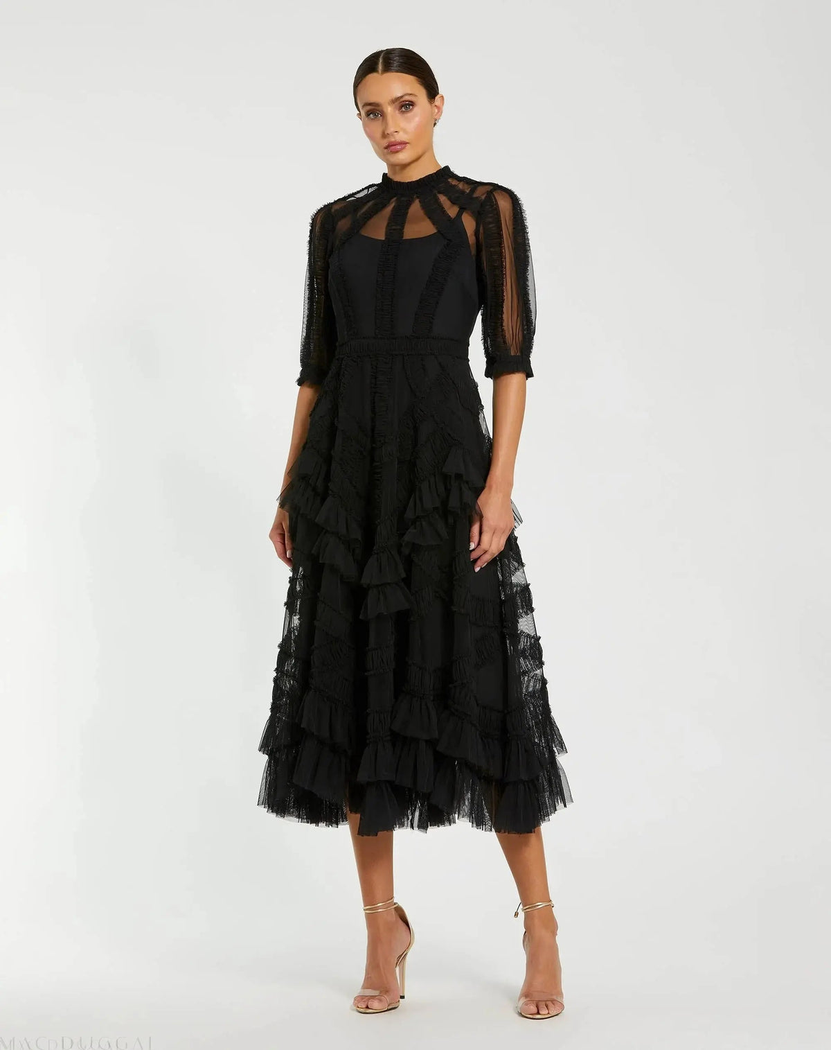 Black High Neck Micro Ruffle Tiered Midi Dress - Designer Collection