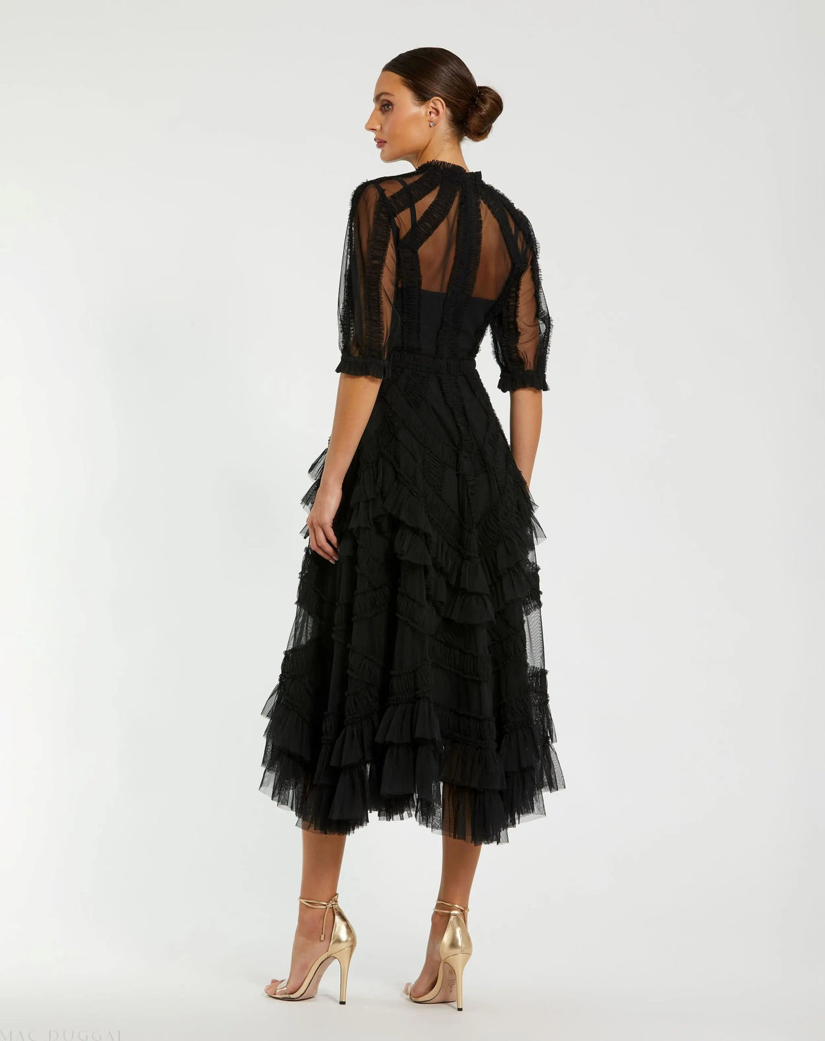 Black High Neck Ruffle Tiered A-Line Midi Dress - Designer Collection