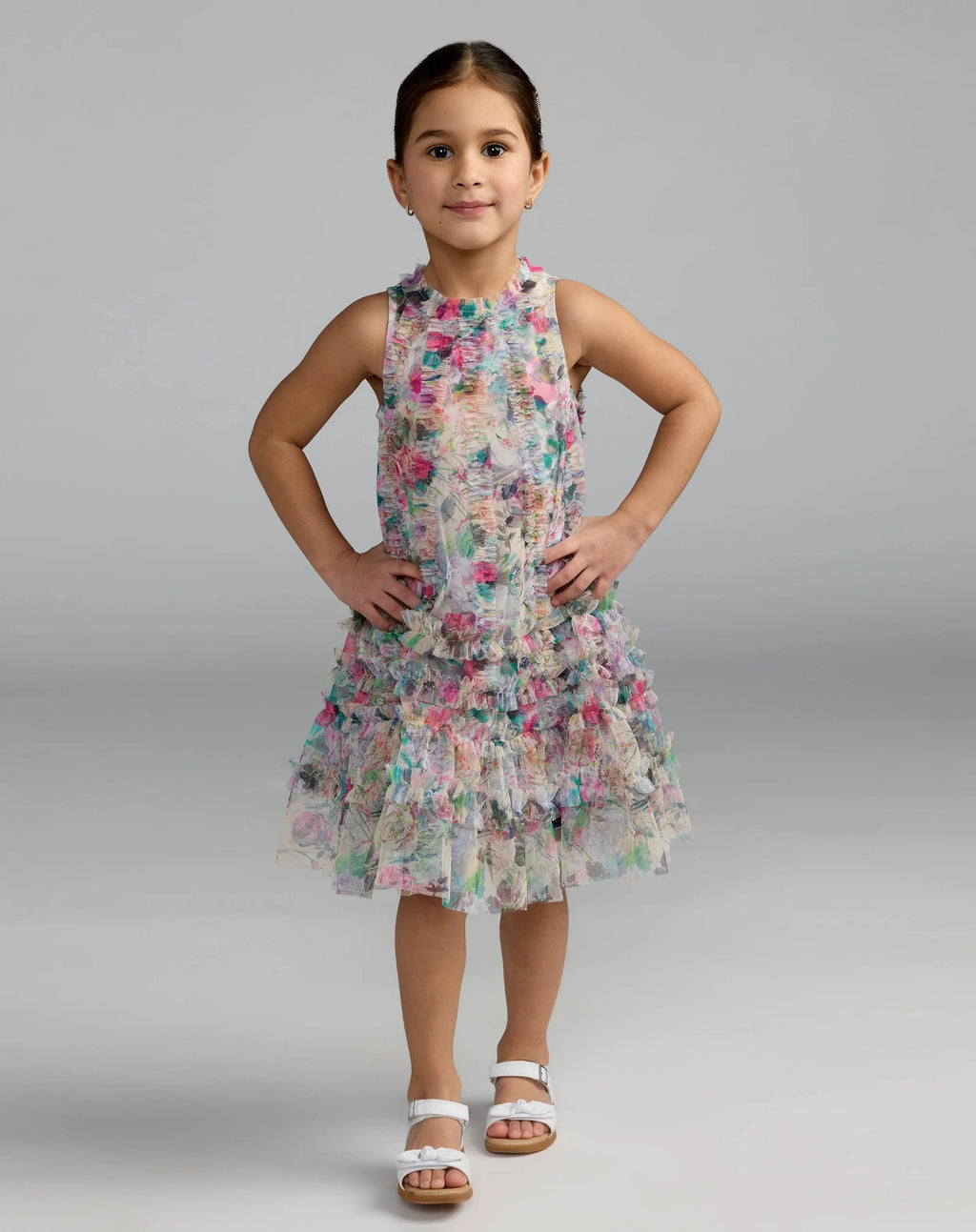 Girls Multicolor Floral Printed Ruffle Mini Dress - Designer Collection