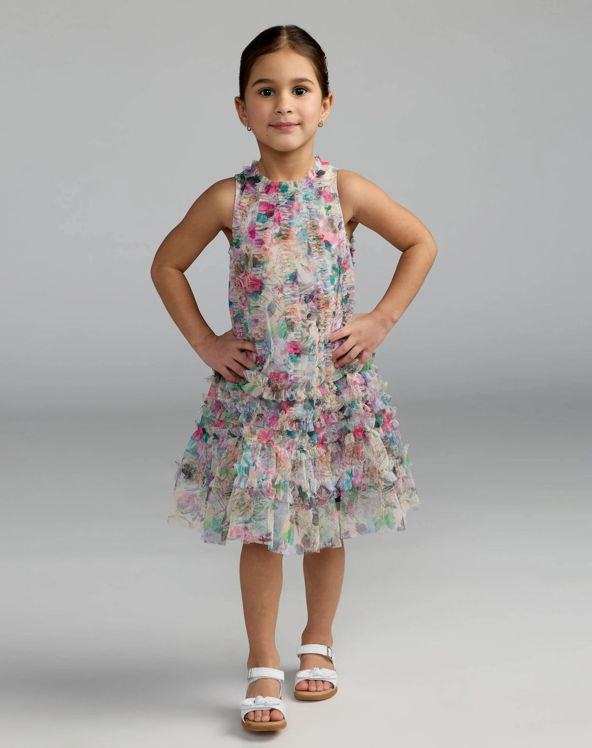 Girls Multicolor Floral Printed Ruffle Mini Dress - Designer Collection