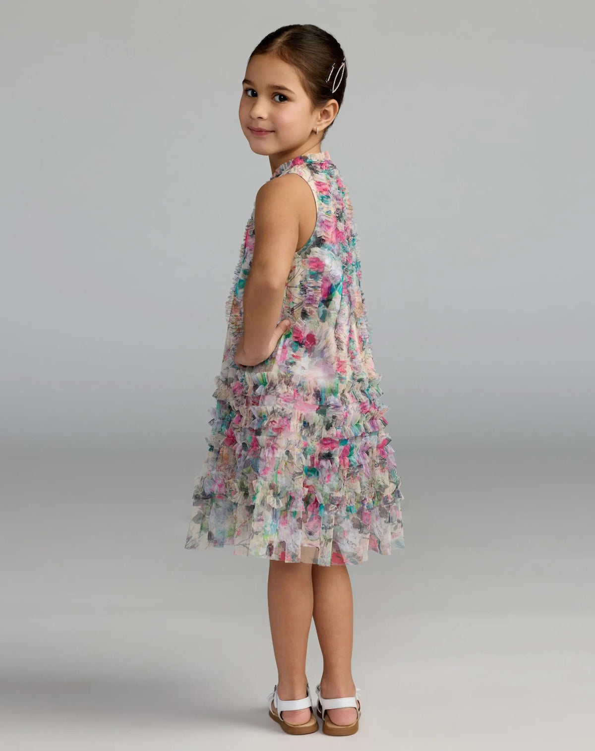 Girls Multicolor Floral Printed Ruffle Mini Dress - Designer Collection